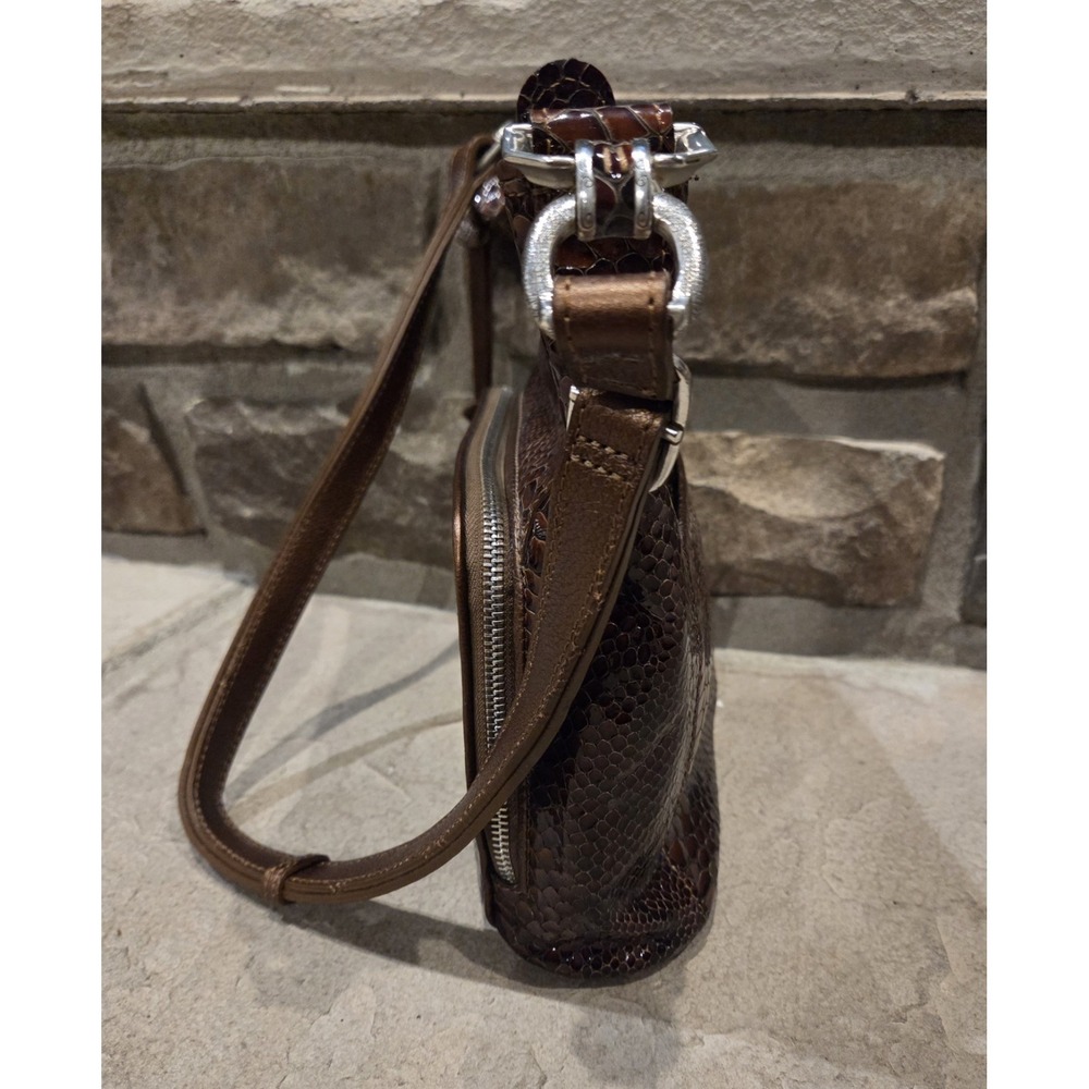 BRIGHTON Brown Patent Leather Snakeskin Print Purse Shoulder Bag E440380 w Charm - Picture 6 of 8